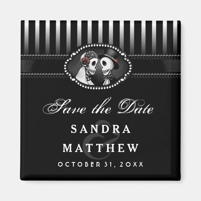 Black & White Halloween Skeletons Stripe Save Date Magnet (Front)