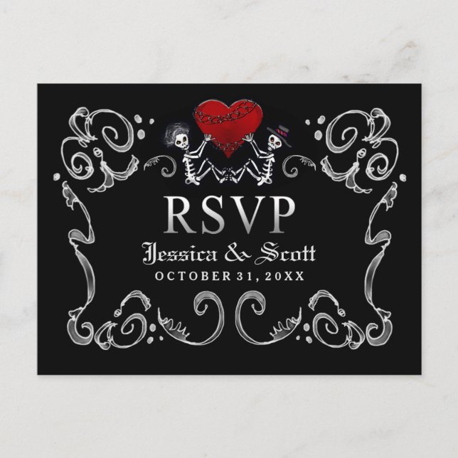 Black White Halloween Skeletons Wedding MENU RSVP (Front)