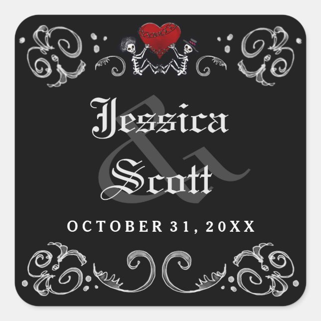 Black White Halloween Skeletons Wedding Names Date Square Sticker (Front)