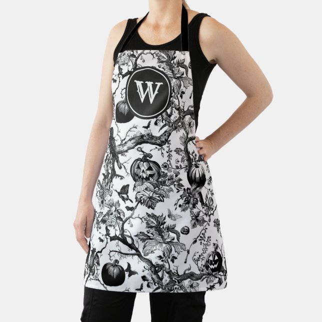 Black & White Halloween Toile Monogram Apron (Insitu)
