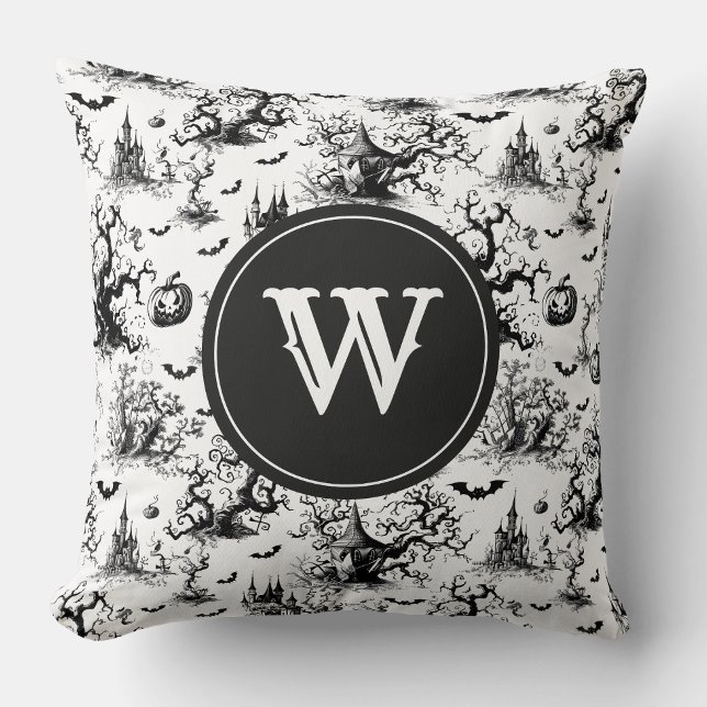 Black & White Halloween Toile Monogram Cushion (Creator Uploaded)