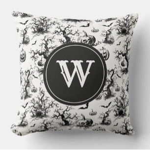 Black & White Halloween Toile Monogram Cushion