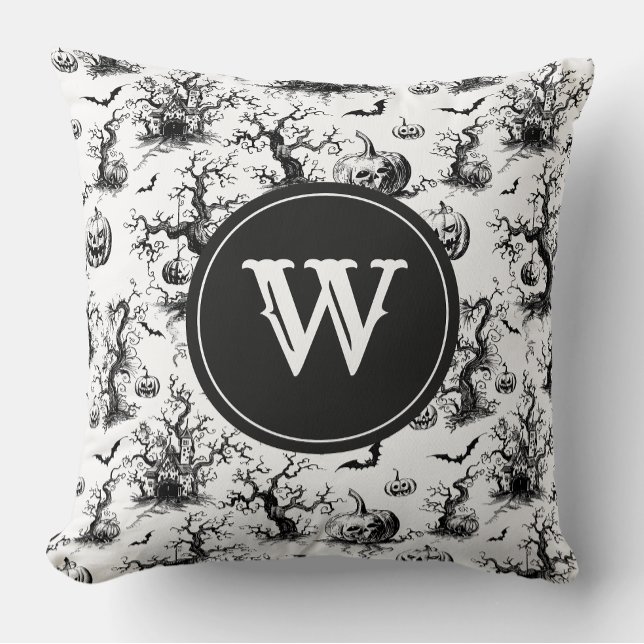 Black & White Halloween Toile Monogram Cushion (Creator Uploaded)