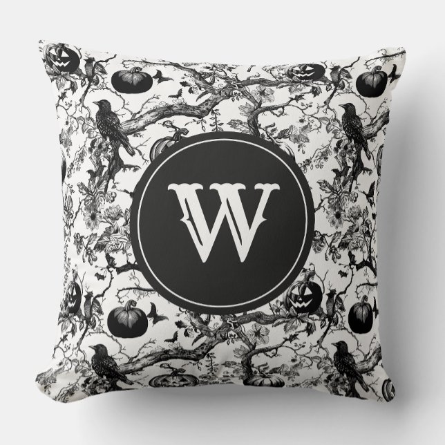 Black & White Halloween Toile Monogram Cushion (Creator Uploaded)