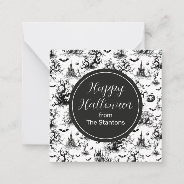 Black & White Halloween Toile Monogram Enclosure Card (Front)