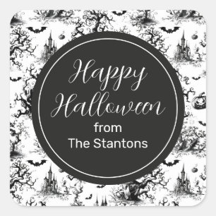 Black & White Halloween Toile Monogram Enclosure Square Sticker