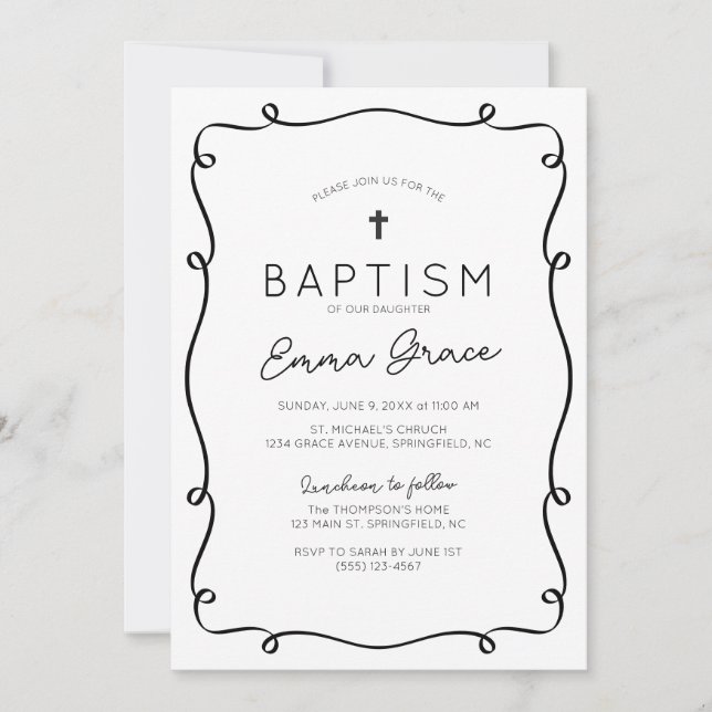 Black & White Hand Drawn Baptism Invitation (Front)