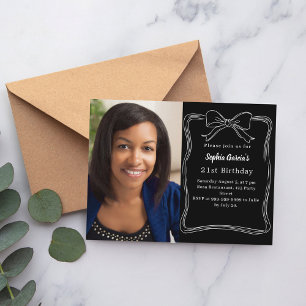 Black white hand-drawn bow photo birthday invitation postcard
