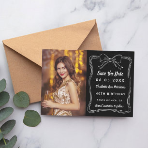 Black white hand-drawn bow photo birthday save the date