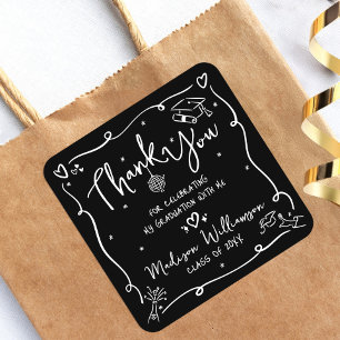 Black White Hand Drawn Doodle Graduation Thank You Square Sticker