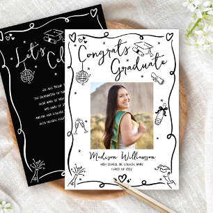 Black White Hand Drawn Doodles Graduation Photo Announcement