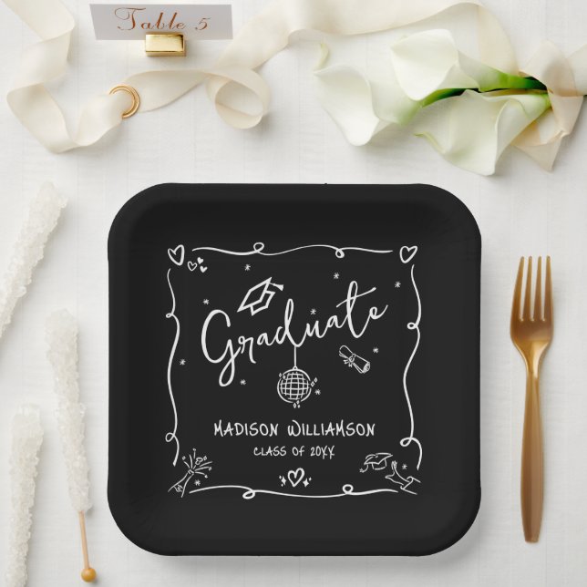 Black White Hand Drawn Doodles Style Graduation Paper Plate (Wedding)