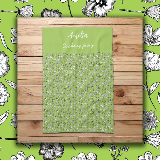 Black & white hand drawn flowers on green pattern tea towel (Change the name and you can even change the "cooking fairy" caption to another cute nickname for you)