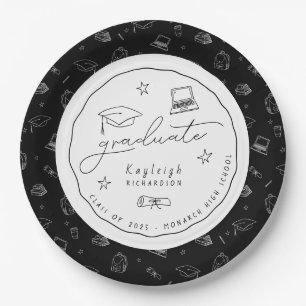 Black White Hand Drawn Grad Party Paper Plate