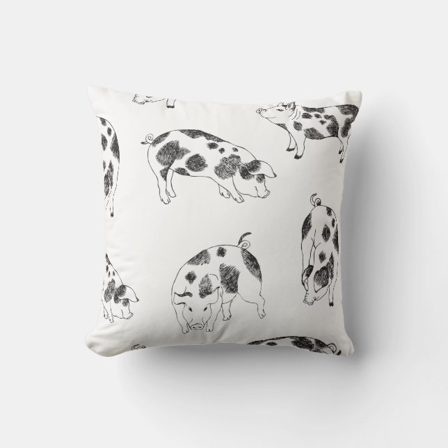 Black & white hand drawn pig cow spots pattern cushion (Front)