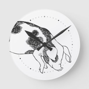 Black & white hand drawn pig cow spots pattern round clock