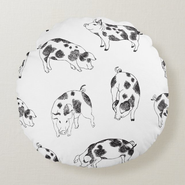 Black & white hand drawn pig cow spots pattern round cushion (Front)