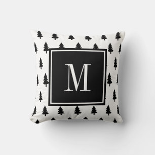 Black white hand drawn pine tree minimal MONOGRAM Cushion