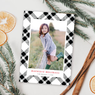 Black & White Hand-Drawn Plaid Christmas Photo Holiday Card
