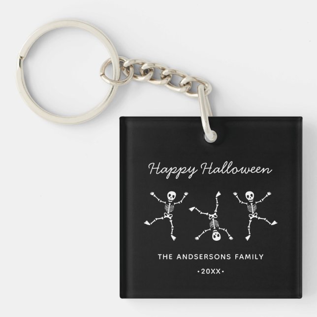 Black & White Hand Drawn Skeleton Happy Halloween Key Ring (Front)