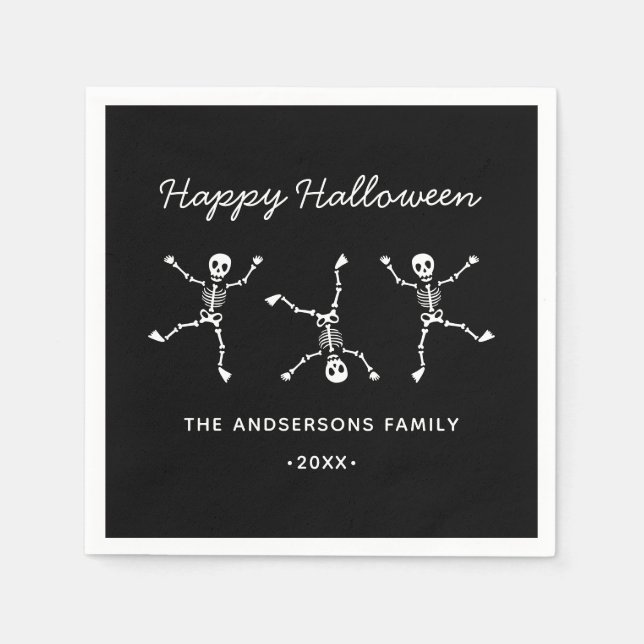 Black & White Hand Drawn Skeleton Happy Halloween Napkin (Front)