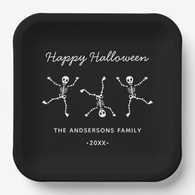 Black & White Hand Drawn Skeleton Happy Halloween Paper Plate (Front)