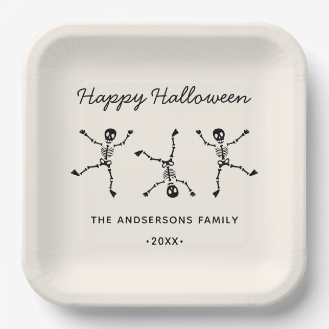 Black & White Hand Drawn Skeleton Happy Halloween Paper Plate (Front)