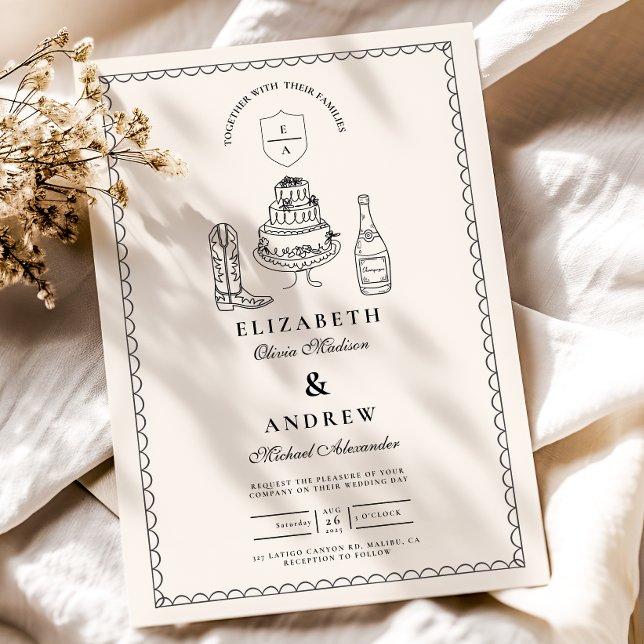 Black White Hand Drawn Western Doodle Wedding  Invitation (Creator Uploaded)