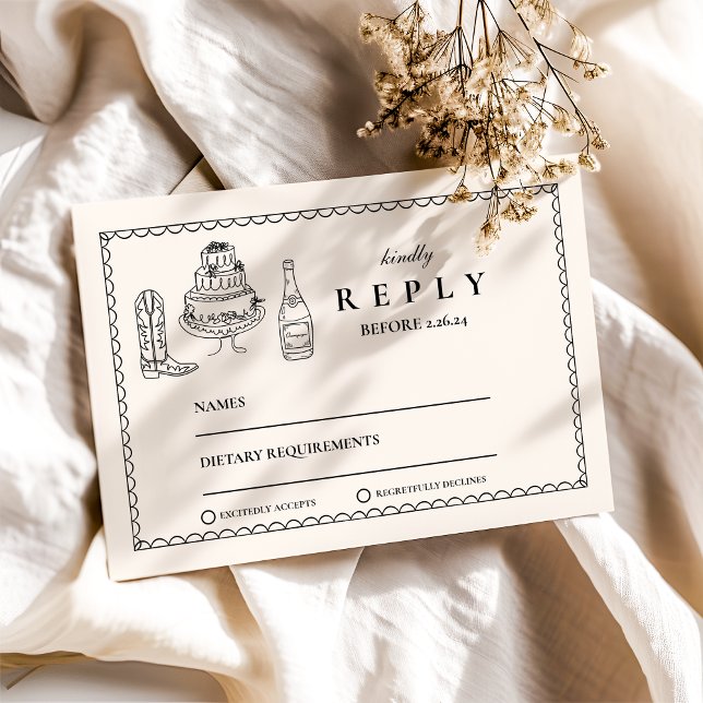 Black White Hand Drawn Western Doodle Wedding  RSVP Card (Creator Uploaded)