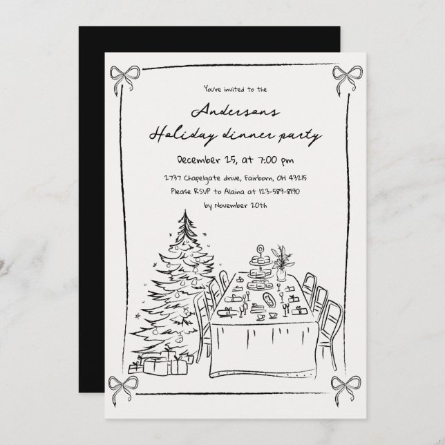 Black & White Hand Drawn Xmas Holiday Party  Invitation (Front/Back)