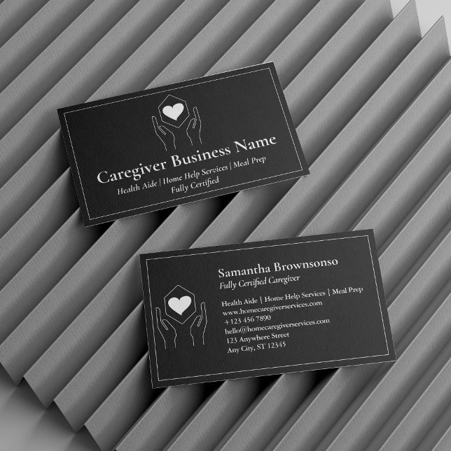 Black White Hand Heart Minimal Caregiver Business Card (Black White Hand Heart Minimal Caregiver Business Card)