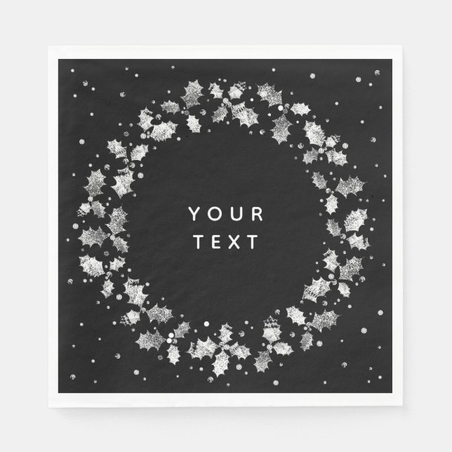 Black + White Hand Printed Holly Wreath Christmas Napkin (Front)
