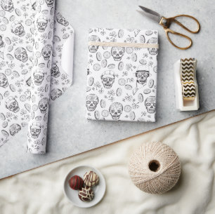 Black & White Handdrawn Irish Sugar Skulls Clovers Wrapping Paper