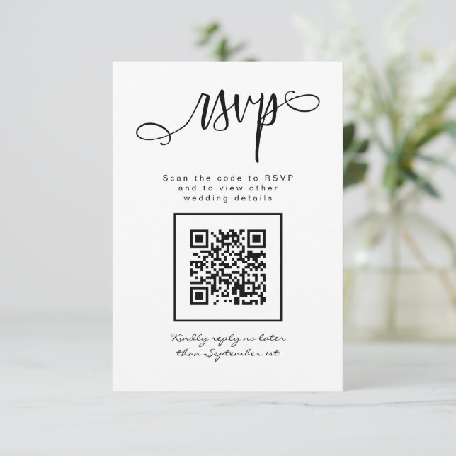 Black White Handwritten Script Simple QR Code RSVP Card (Standing Front)