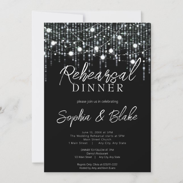 Black & White Hanging Lights Rehearsal Dinner Invitation (Front)
