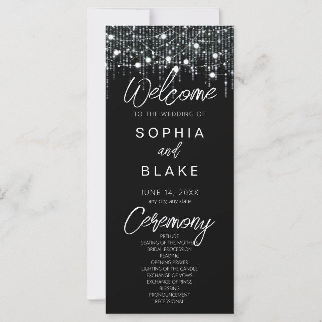 Black & White Hanging Lights Wedding Program (Front)