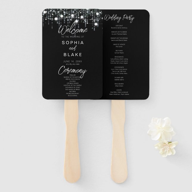 Black & White Hanging Lights Wedding Program Hand Fan (Front and Back)