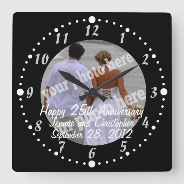 Black White Happy Anniversary Photo Clock Square (Front)