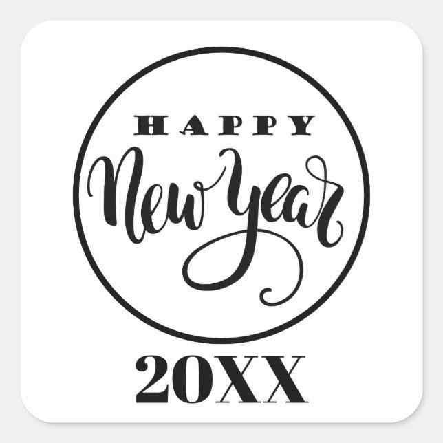 Black white Happy New Year add date sticker (Front)