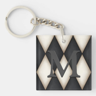 Black & White Harelquin Check Elegant 3-D Monogram Key Ring
