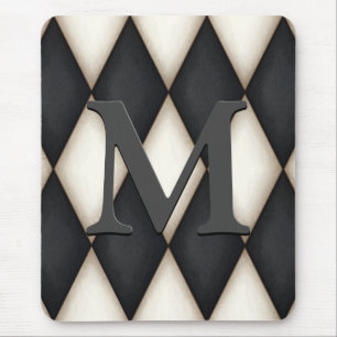 Black & White Harelquin Check Elegant 3-D Monogram Mouse Pad