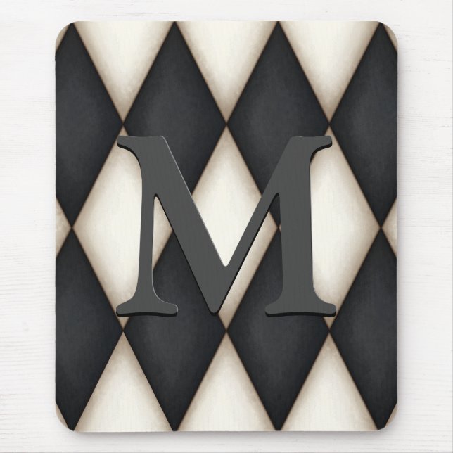 Black & White Harelquin Check Elegant 3-D Monogram Mouse Pad (Front)