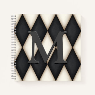 Black & White Harelquin Check Elegant 3-D Monogram Notebook