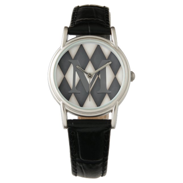 Black & White Harelquin Check Elegant 3-D Monogram Watch (Front)