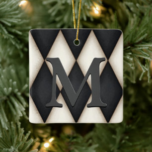 Black & White Harelquin Check Elegant Monogrammed Ceramic Ornament