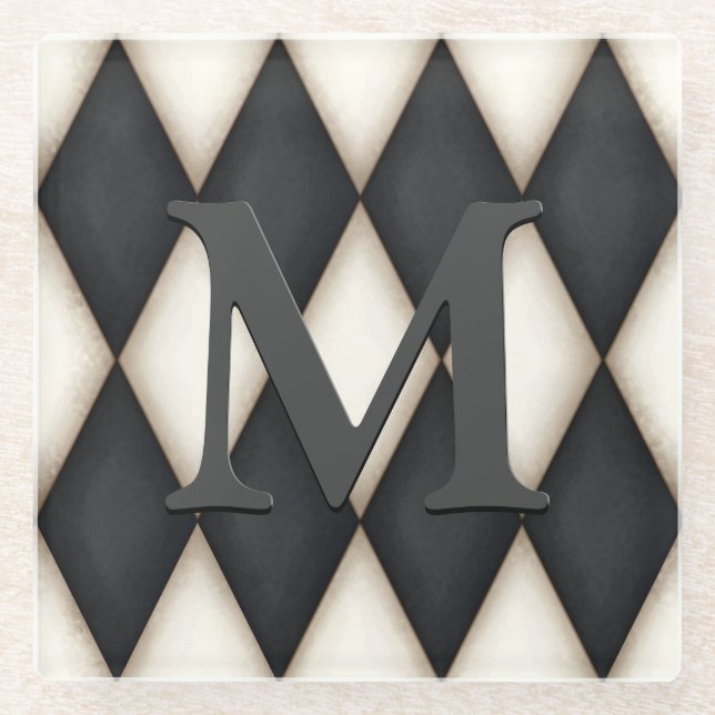 Black & White Harlequin Check Elegant 3-D Monogram Glass Coaster (Front)