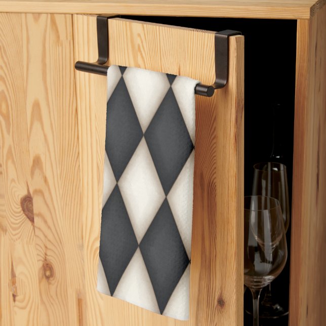 Black & White Harlequin Diamond Check Gothic Tea Towel (Thirds Fold)