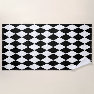 Black White Harlequin Diamonds Pattern Design  Beach Towel