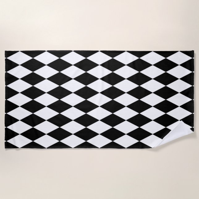 Black White Harlequin Diamonds Pattern Design  Beach Towel (Front)