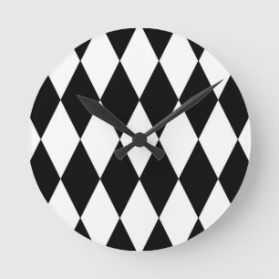 Black White Harlequin Diamonds Pattern Design Round Clock